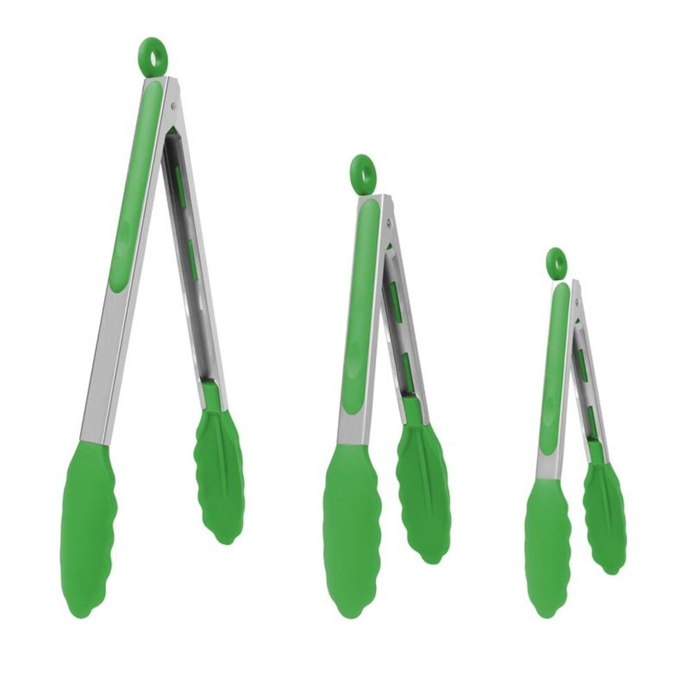 3pcs Silicone Tip Stainless Steel Locking Tong Set - 7" & 9" & 12" Green